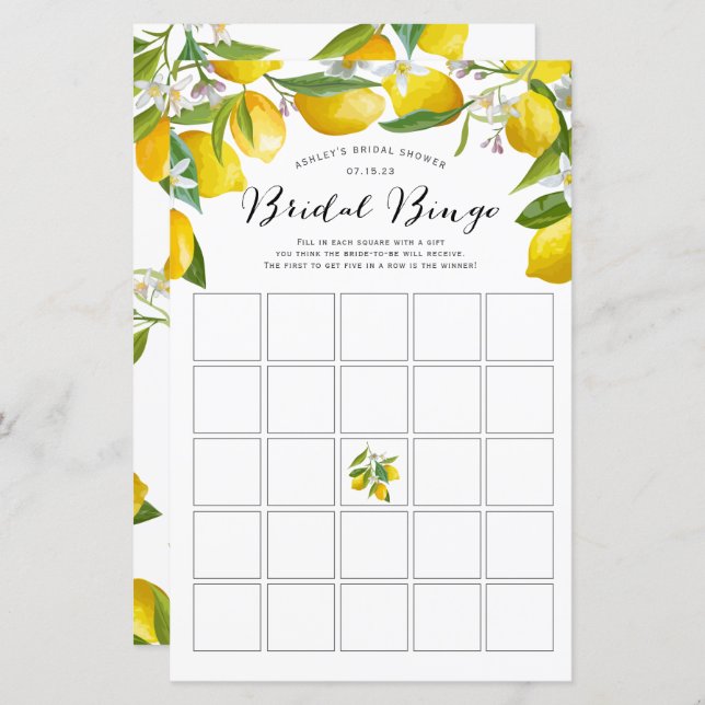 Bridal Bingo, Lemon Bridal Shower Bingo Games (Front/Back)