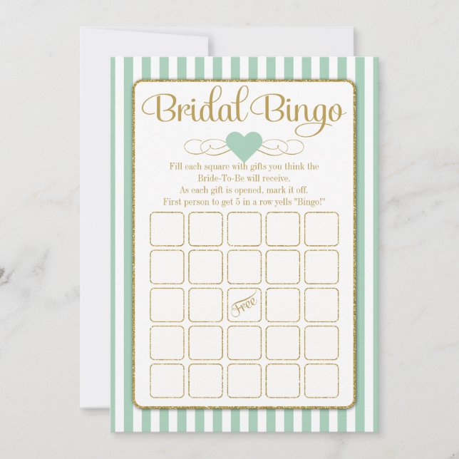 Bridal Bingo Mint Green Gold Bridal Shower Game Invitation (Front)