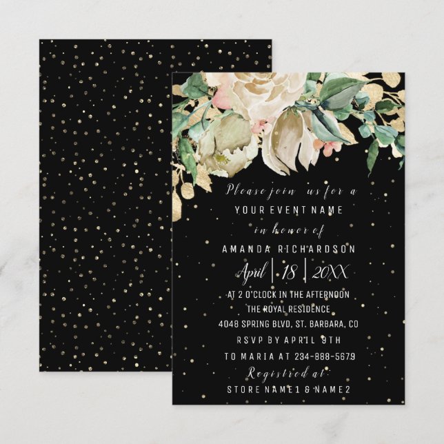 Bridal Birthday Flowers Gold Mint Black Watercolor Invitation (Front/Back)