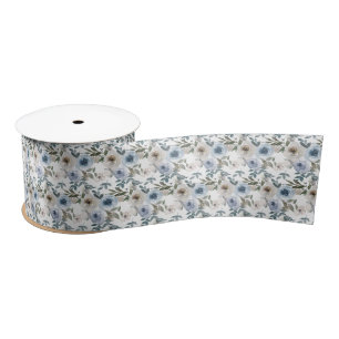 Bridal Blue and White Watercolor Roses Satin Ribbon