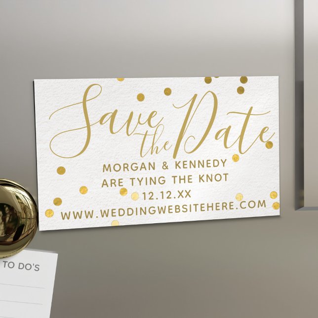 Bridal Blush Gold Confetti Magnetic Save The Dates Business Card (Add your Save the Date details to this pretty blush pink and gold business card sized magnets)