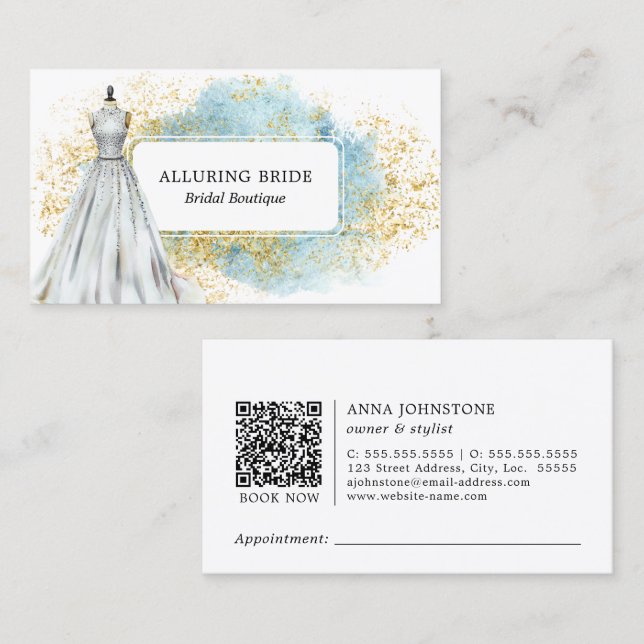 Bridal Boutique Blue Gold QR Code | Appointment Business Card (Front/Back)