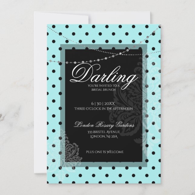 Bridal brunch blue black polka dots save the date  invitation (Front)