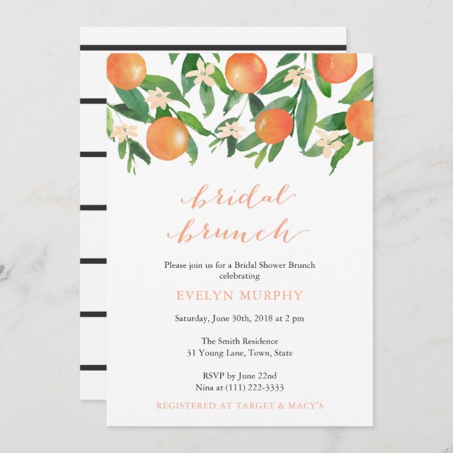Bridal Brunch Citrus Charcoal Stripes Invitation (Front/Back)