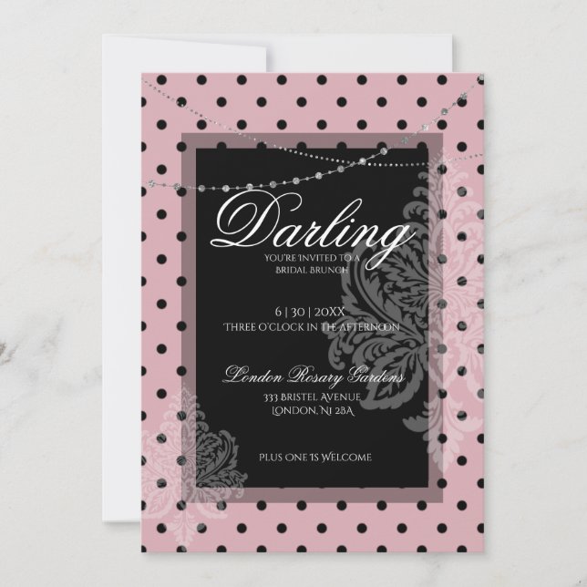 Bridal brunch pink black polka dots save the date  invitation (Front)