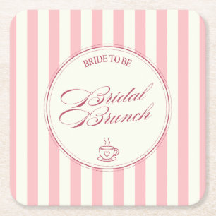 Bridal Brunch Pink Stripes Vintage Cafe Wedding Square Paper Coaster
