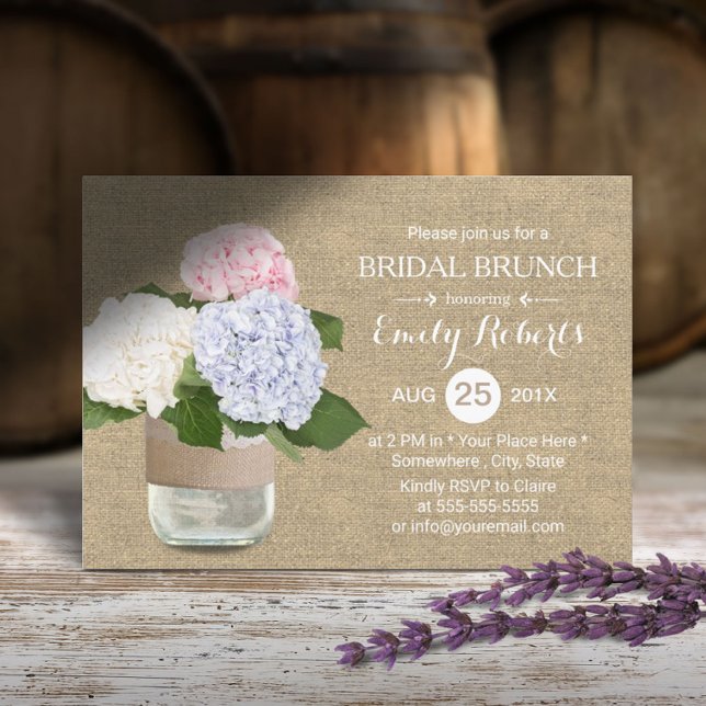 Bridal Brunch Rustic Hydrangea Mason Jar Burlap Invitation (Creator Uploaded)