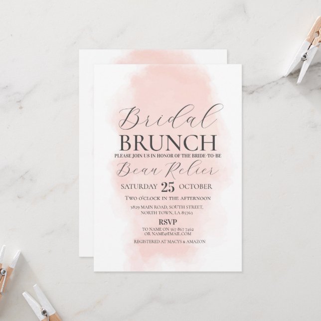 Bridal Brunch Shower Bachelorette Watercolor Peach Invitation (Front/Back In Situ)