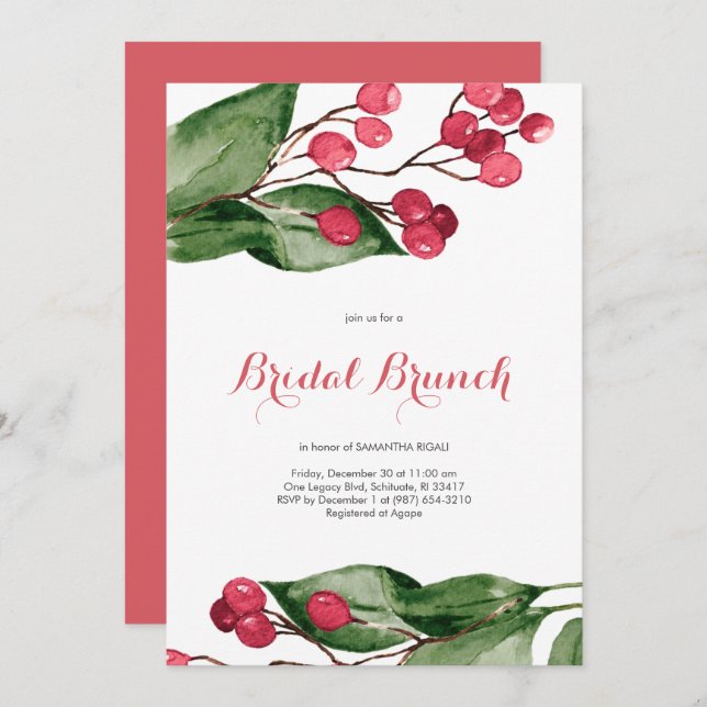 Bridal Brunch Watercolor Berries Christmas Party Invitation (Front/Back)