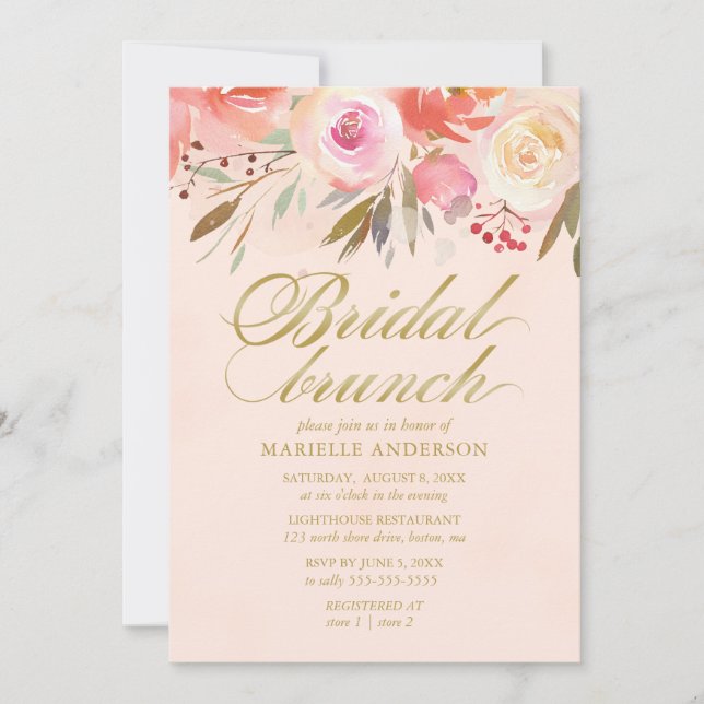 Bridal Brunch Watercolor Floral Blush Gold Script Invitation (Front)