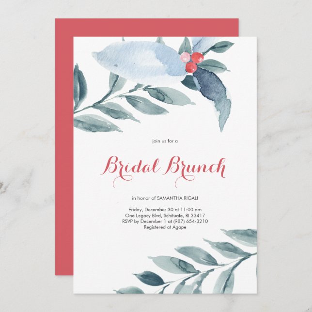 Bridal Brunch Watercolor Red Berries Holiday Party Invitation (Front/Back)