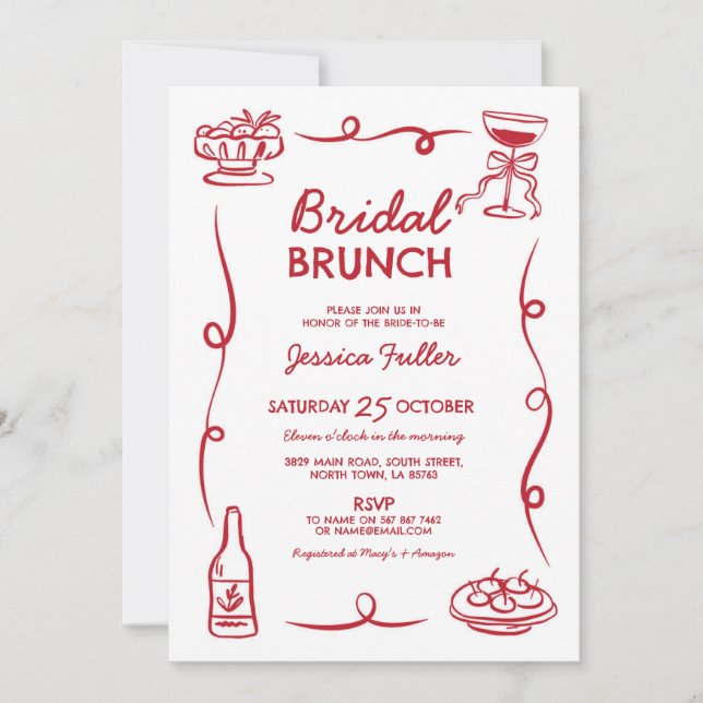 Bridal Brunch Whimsical Hand Drawn Chic French Invitation (Front)
