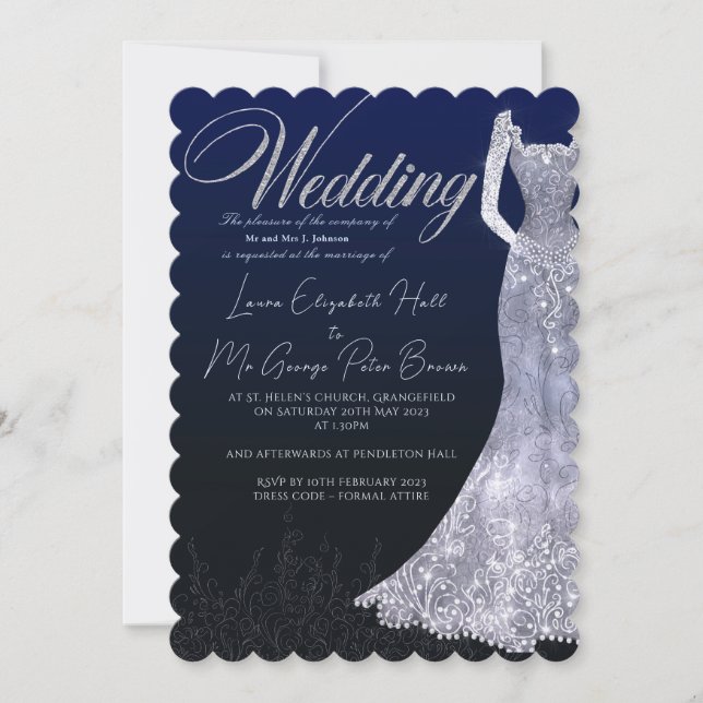 Bridal dress diamond blue wedding invitation (Front)