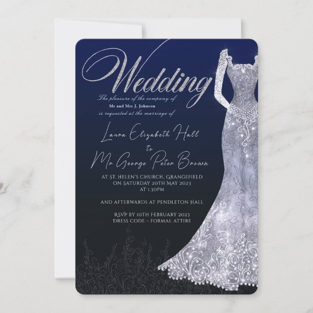 Bridal dress diamond blue wedding invitation (Front)