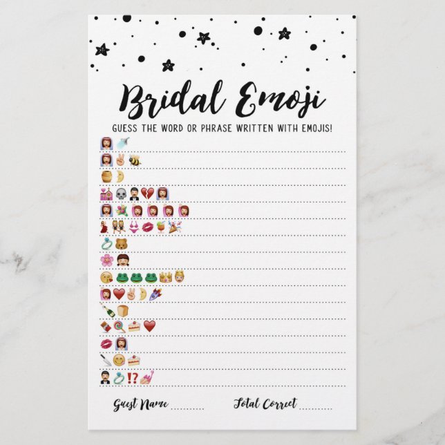 Bridal emoji game with Answers Bridal shower game (Front)