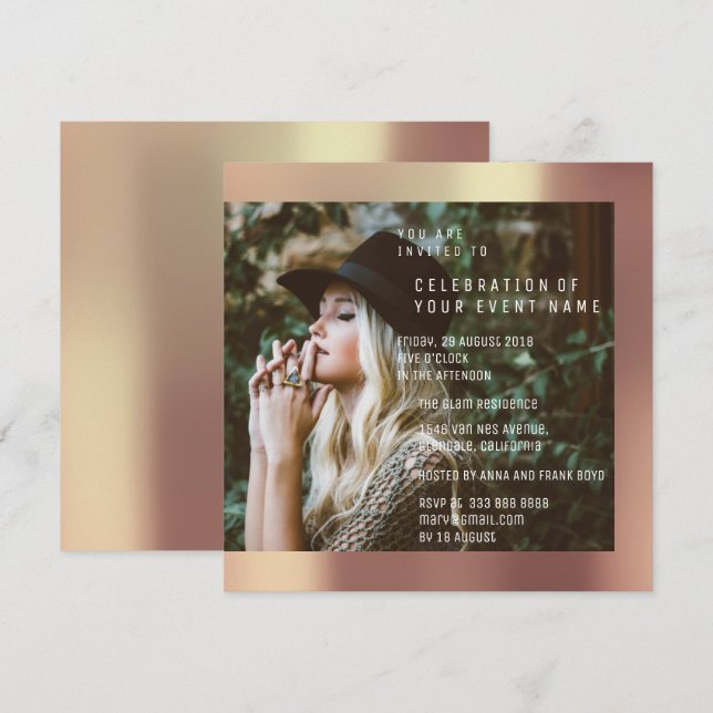 Bridal Foto Graduation Party Copper Rose Metallic Invitation (Front/Back)