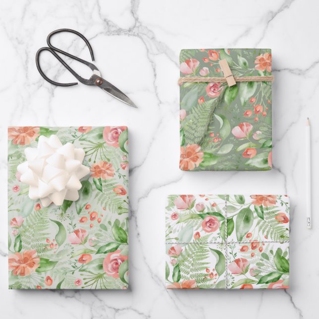 Bridal Green and Pink Tropical Flowers and Ferns Wrapping Paper Sheet (Front)