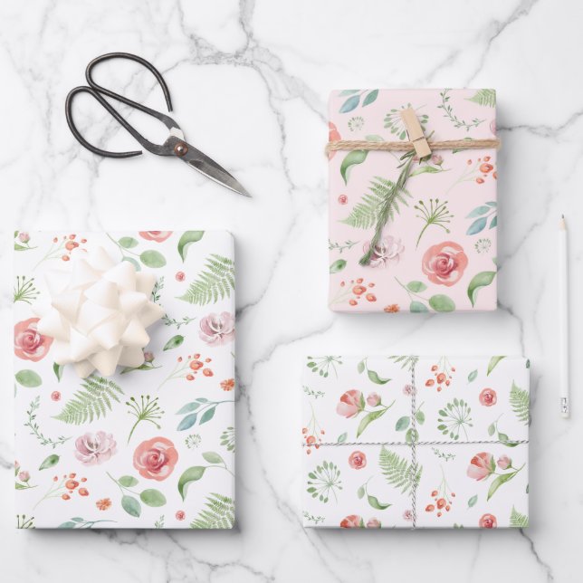 Bridal Green and Pink Tropical Leaves and Flowers Wrapping Paper Sheet (Front)