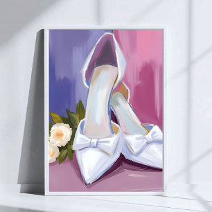 Bridal Heels White Bow Rose Watercolor Wedding Poster