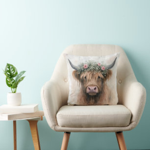 Bridal Highland Cow Wearing a Floral Crown Cushion