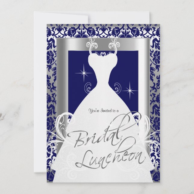 Bridal Luncheon in Navy Blue Damask & Silver Invitation (Front)