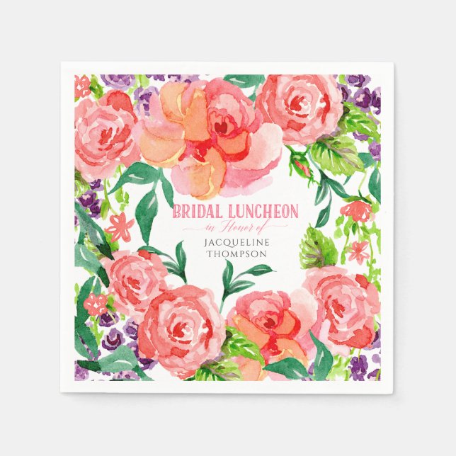 Bridal Luncheon Watercolor Modern Flowers Rose Art Napkin (Front)