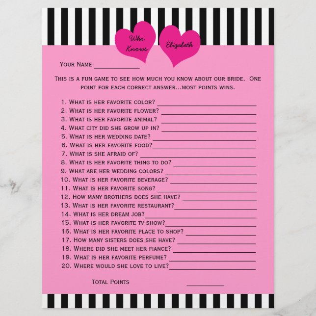 Bridal or Wedding Shower Game -- Bride Pick Colour (Front)