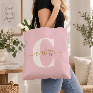 Bridal Party Blush Pink Gold Monogram First Name Tote Bag