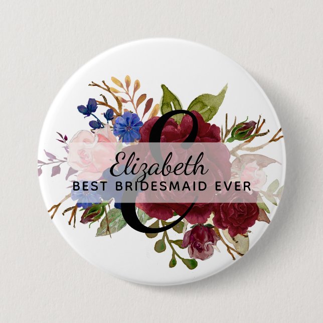 Bridal Party Bridesmaids Gift Burgundy Blue Named 7.5 Cm Round Badge (Front)