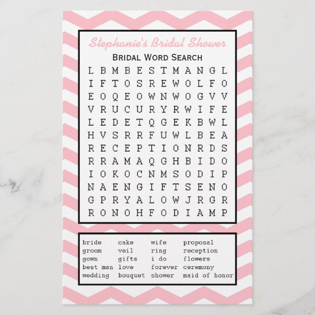 Bridal Party Shower Word Search Game (Front)