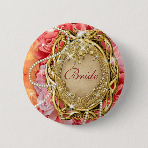 Bridal party vintage rose flower pearl 6 cm round badge