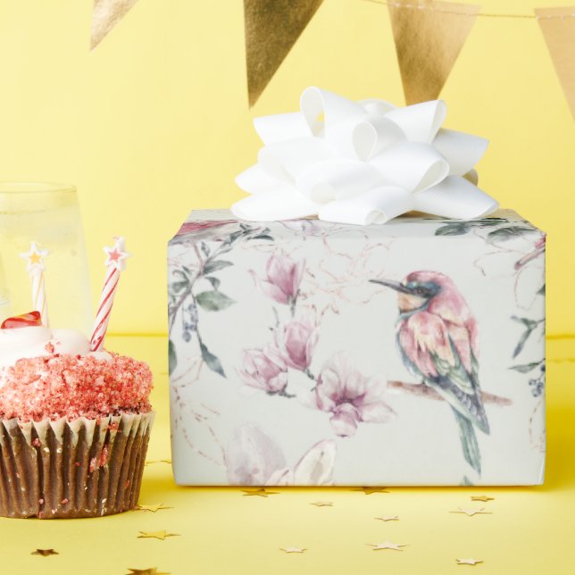 Bridal Pink Watercolor Flowers and Birds   Wrapping Paper (Birthday Party)