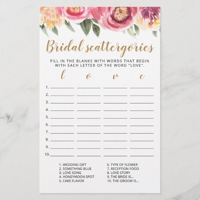 Bridal Scattergories editable game Bridal Shower (Front)
