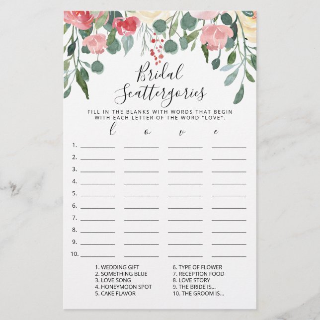 Bridal Scattergories editable game Bridal Shower (Front)