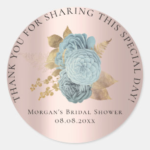 Bridal Shower 16th Thank Florals Blue Rose Gold Classic Round Sticker