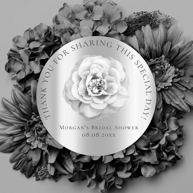 Bridal  Shower 16th Thank Rose Grey Silver Classic Round Sticker (Creator Uploaded)