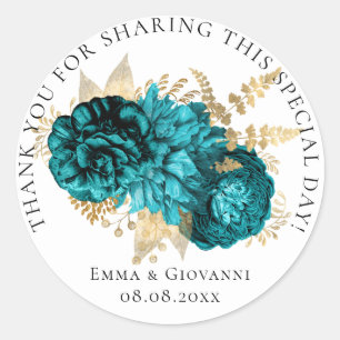 Bridal  Shower 16th Thank Teal Roses Gold Wreath   Classic Round Sticker