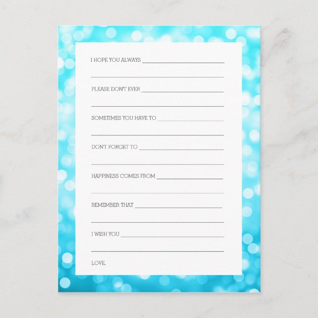 Bridal Shower Advice Turquoise Glitter Lights Card (Front)