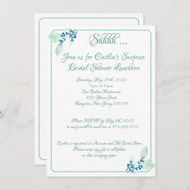 Bridal Shower, Aqua Outline Watercolor Invitation (Front/Back)