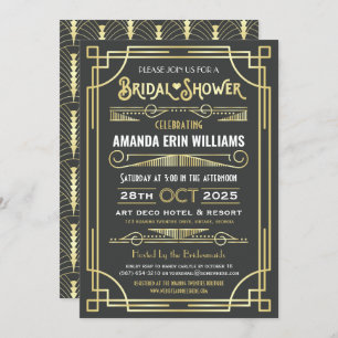 Bridal Shower Art Deco Elegant Gold Grey Retro Invitation