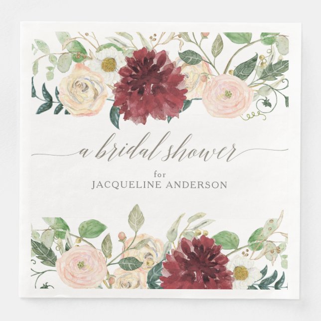 Bridal Shower Autumn Burgundy Rose Floral Foliage Napkin (Front)