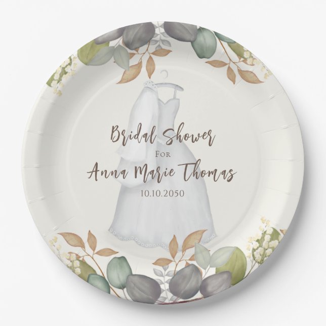 Bridal Shower Autumn Leaves Wedding Dress Elegant  Paper Plate (Front)