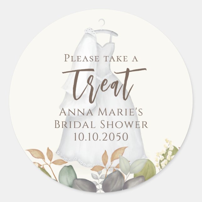 Bridal Shower Autumn Leaves Wedding Elegant Dress Classic Round Sticker (Front)