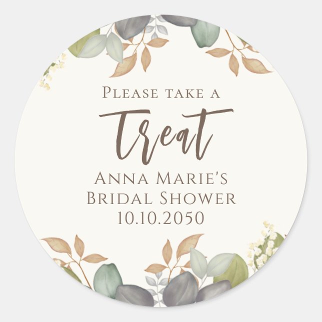 Bridal Shower Autumn Leaves Wedding Elegant Dress Classic Round Sticker (Front)