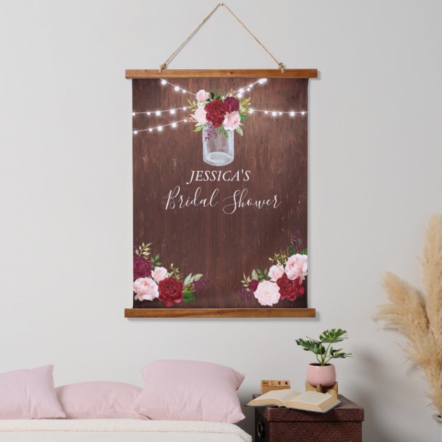 Bridal Shower Backdrop Sign Wood Burgundy Flower  Hanging Tapestry (Bedroom)
