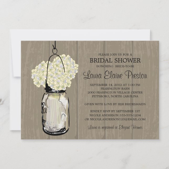 Bridal Shower Barn Wood Mason Jar Hydrangeas Invitation (Front)