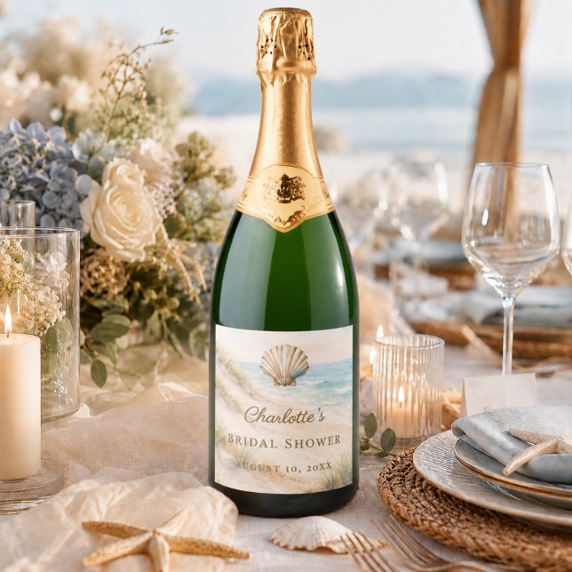 Bridal Shower beach coastal seashell Sparkling Wine Label (Creator Uploaded)