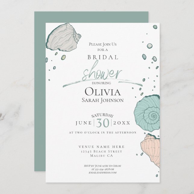 Bridal Shower | Beach Seashells Coral Sand Teal Invitation (Front/Back)