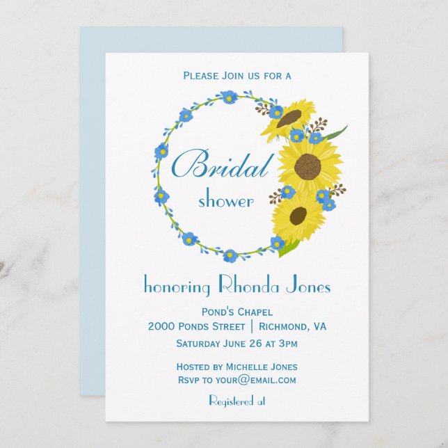 Bridal Shower Beauty Sunflower Blue and White Invitation (Front/Back)