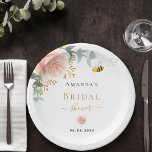 Bridal Shower bee pink floral eucalyptus Paper Plate<br><div class="desc">A chic white background. Decorated with a rose gold,  blush pink floral,  flower (rose)and green watercolored eucalyptus leaves,  sprigs,  greenery and a faux gold sprig. A cute,  happy,  smiling bumble bee.  Personalise and add the name of the bride to be and a date. Black and golden letters.</div>
